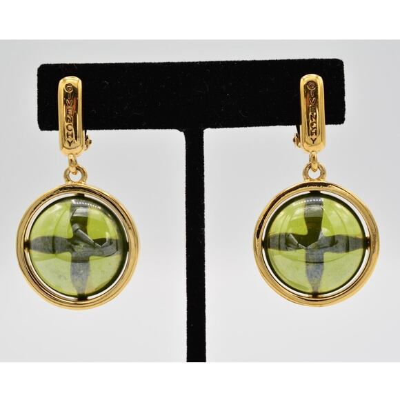 Givenchy Vintage Cabochon Clip On Earrings Chunky Green Logo Gold Signed Bin8 - Picture 1 of 12